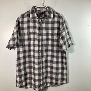 Mens Cremieux Classics Short Sleeve Linen Button Plaid Shirt L Brown White